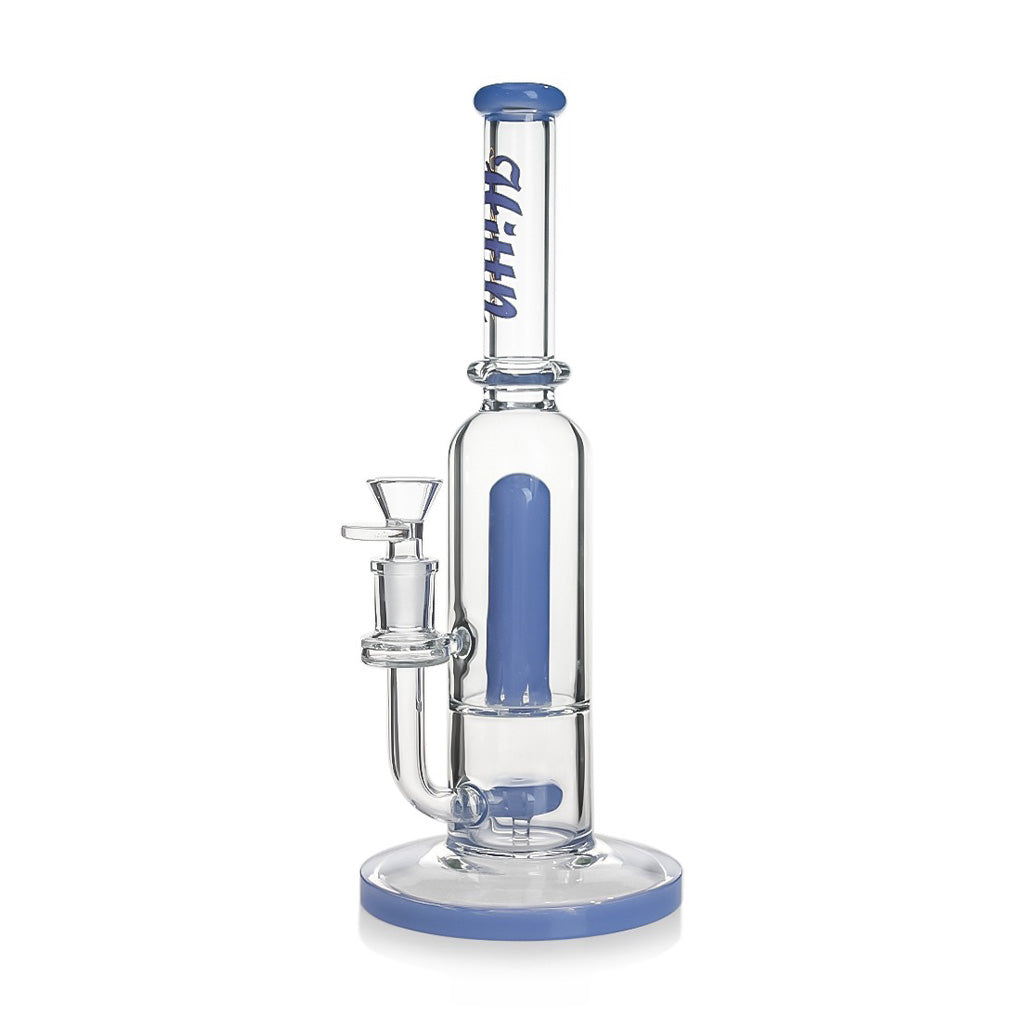 Buy Hittn blue straight tube bong with showerhead perc & splash guard – premium glass smoking accessory for sale online.