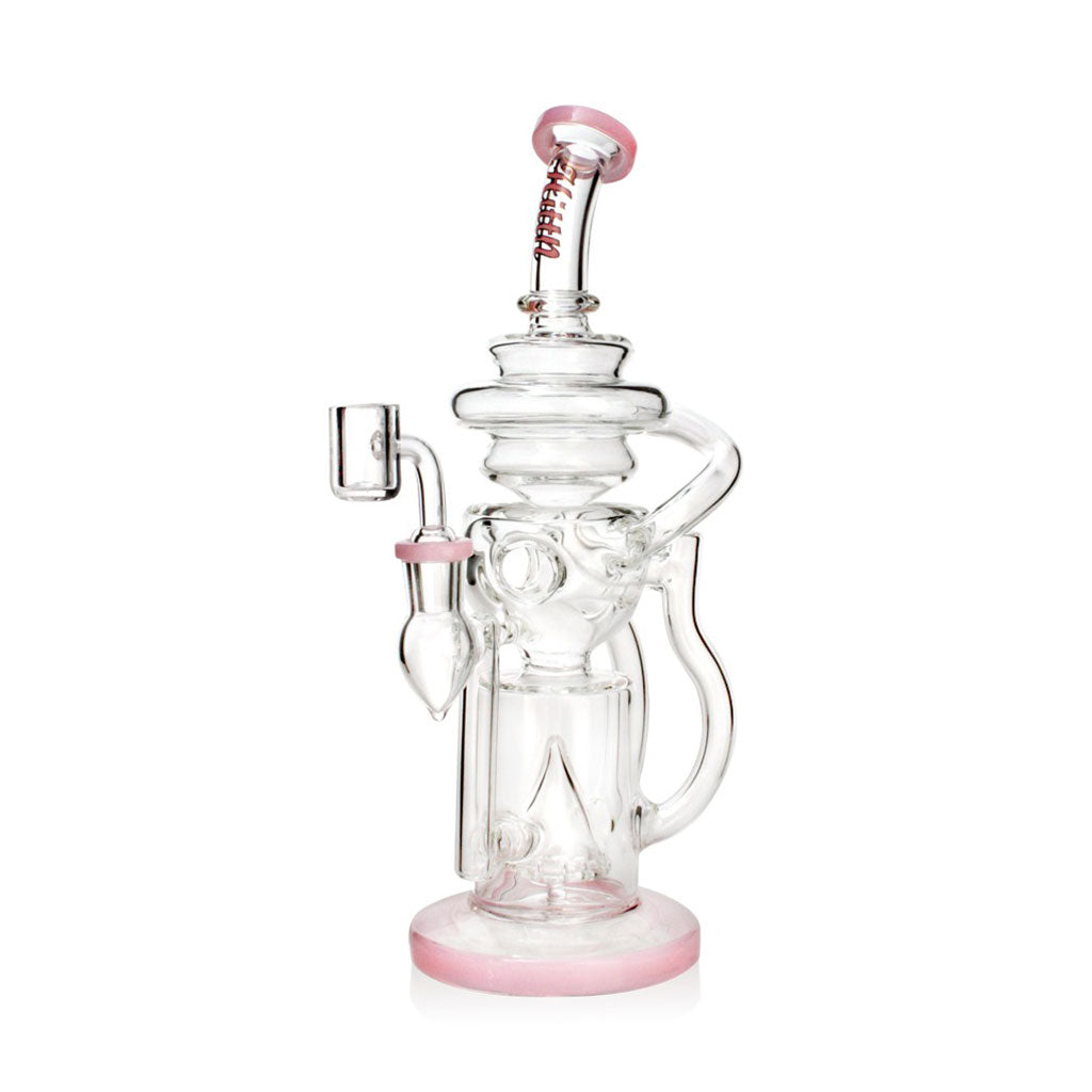 Pink Hittn Cyclone Recycler Dab Rig with pyramid perc, shown with green and purple options—shop Honeybee Herb today.
