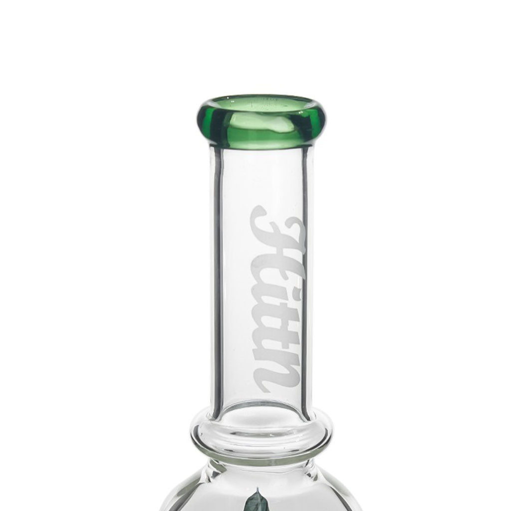 Hittn branded dab rig mouthpiece with green lip and etched logo 