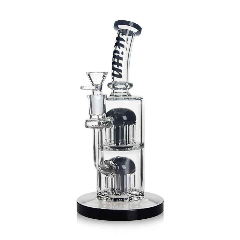 Black Hittn Double 8-Arm Tree Perc Bong, front view—buy online at Honeybee Herb; dual percs, thick glass, fast shipping.