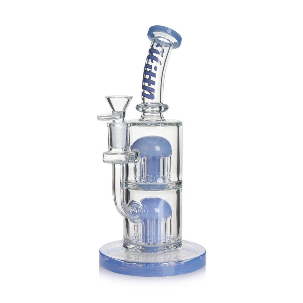 Blue Hittn Double 8-Arm Tree Perc Bong, front view—buy online at Honeybee Herb; dual percs, thick glass, fast shipping.