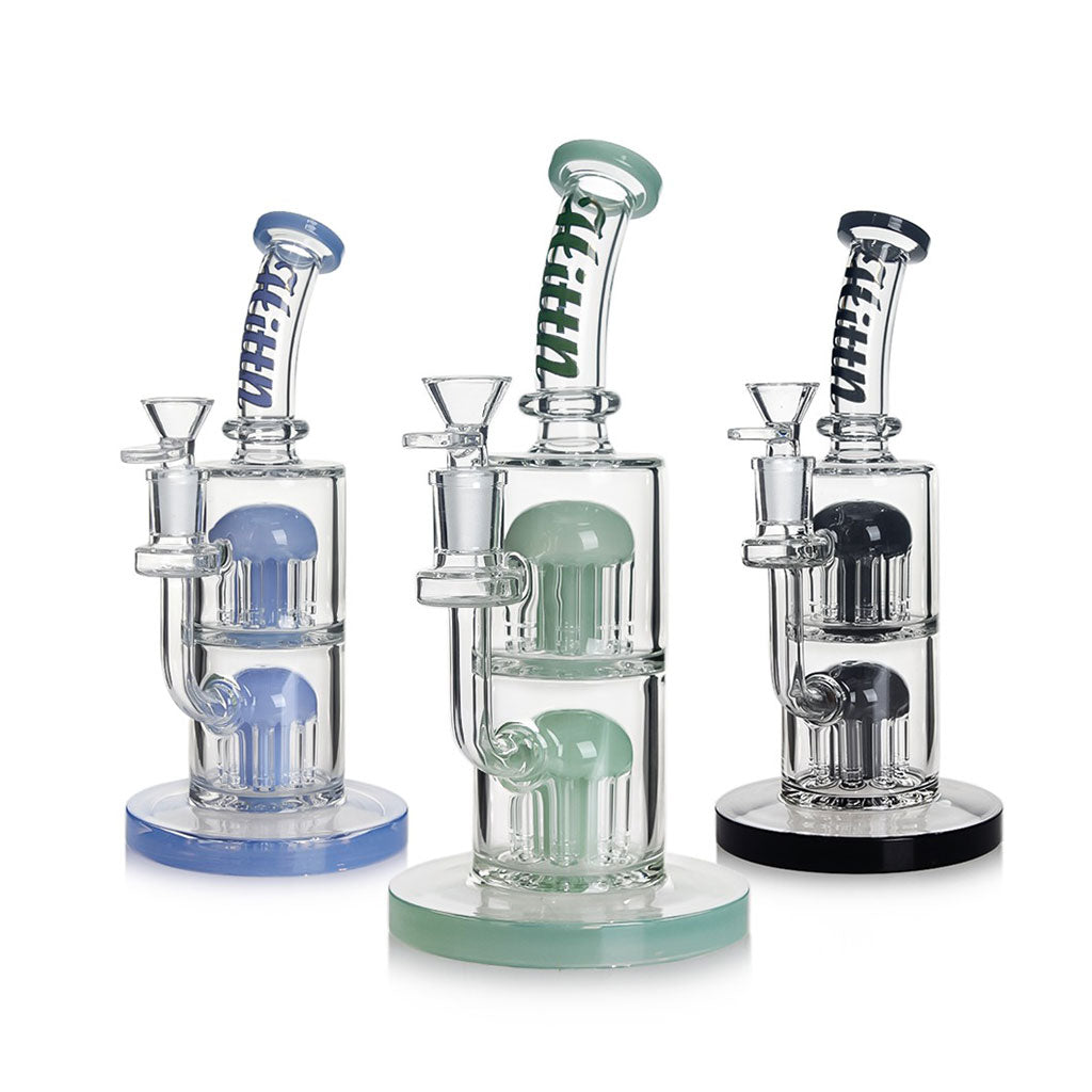Hittn Double 8-Arm Tree Perc Bong in green, blue, and black—available now at Honeybee Herb with quick shipping.