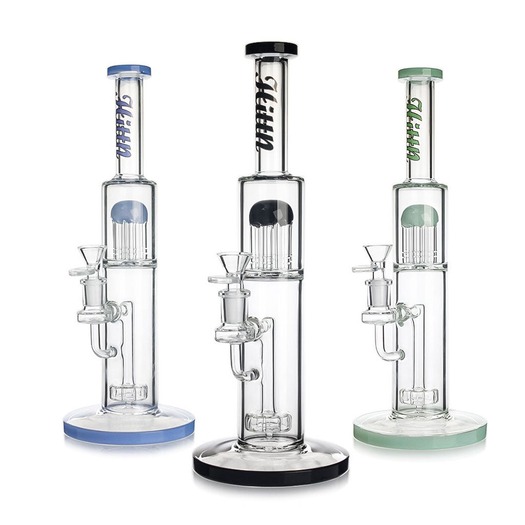 Hittn dual perc straight bongs in black, blue, and mint green