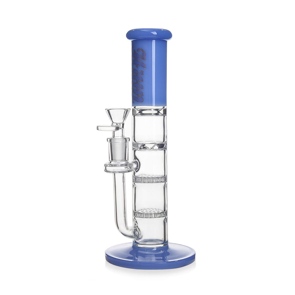 Buy the blue Hittn double honeycomb turbine perc straight tube bong; premium glass, fast shipping.