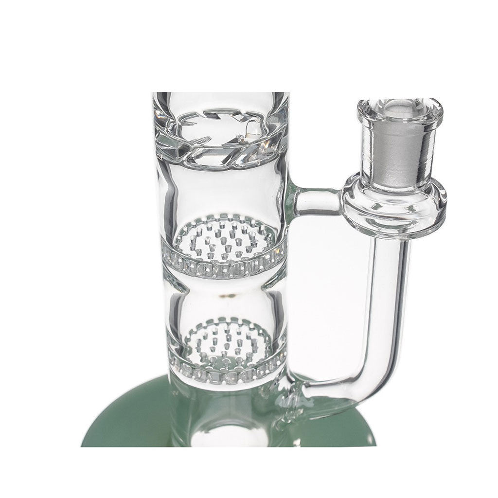 Buy green Hittn straight tube bong with double honeycomb and turbine percs; close-up chamber detail for smooth hits. 