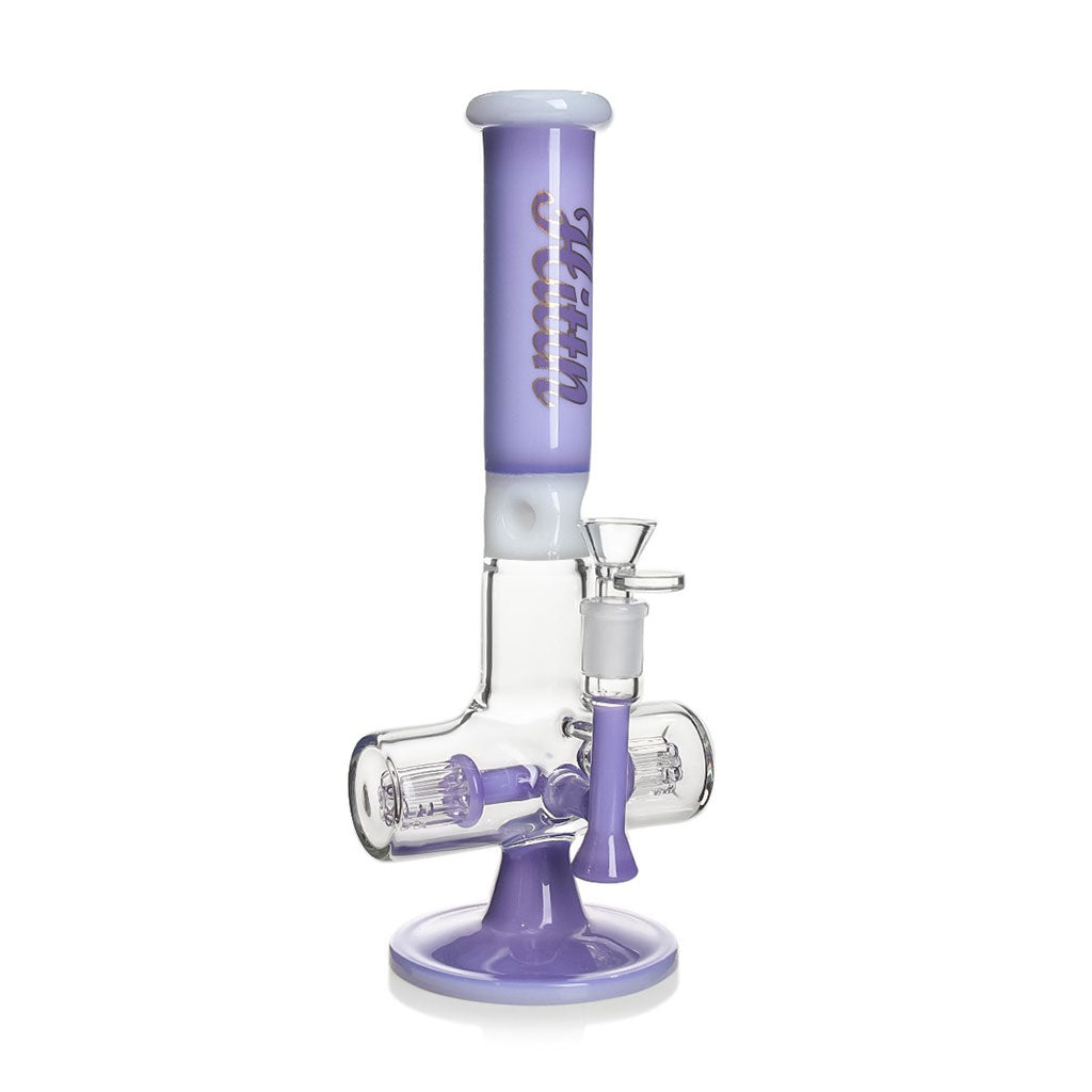 Buy Hittn Double Matrix Perc Straight Tube Bong in purple, premium glass water pipe for smooth hits, available now at Honeybee Herb.