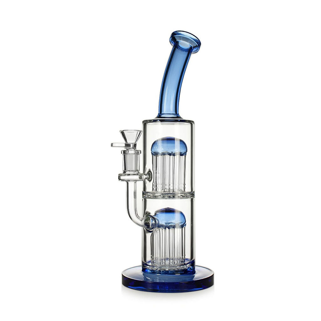 Blue bent neck bong with twin tree percs, ready to order—secure checkout and quick delivery.