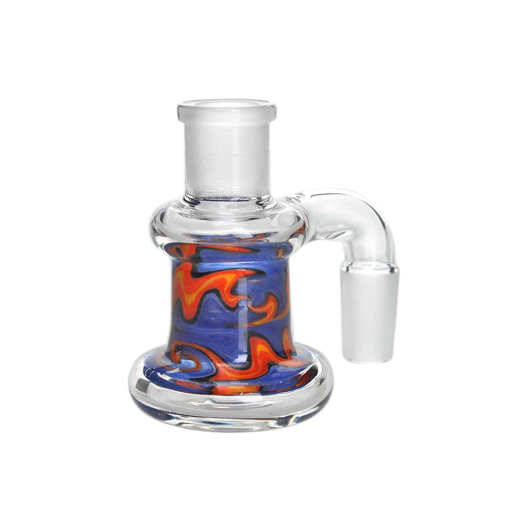 Full View Of Hittn Fire Swirl American Color Accent Ash Catcher 18mm 90 Degree Featuring Vibrant Red, Orange, And Blue Wig Wag Design