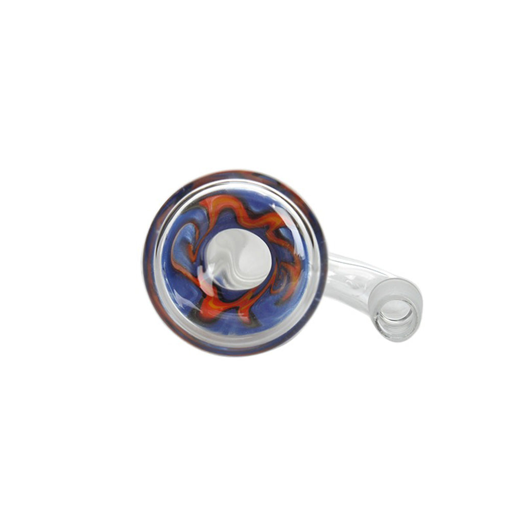Top View Of Hittn Fire Swirl American Color Accent Ash Catcher 18mm 90 Degree With Red, Orange, And Blue Swirl Design