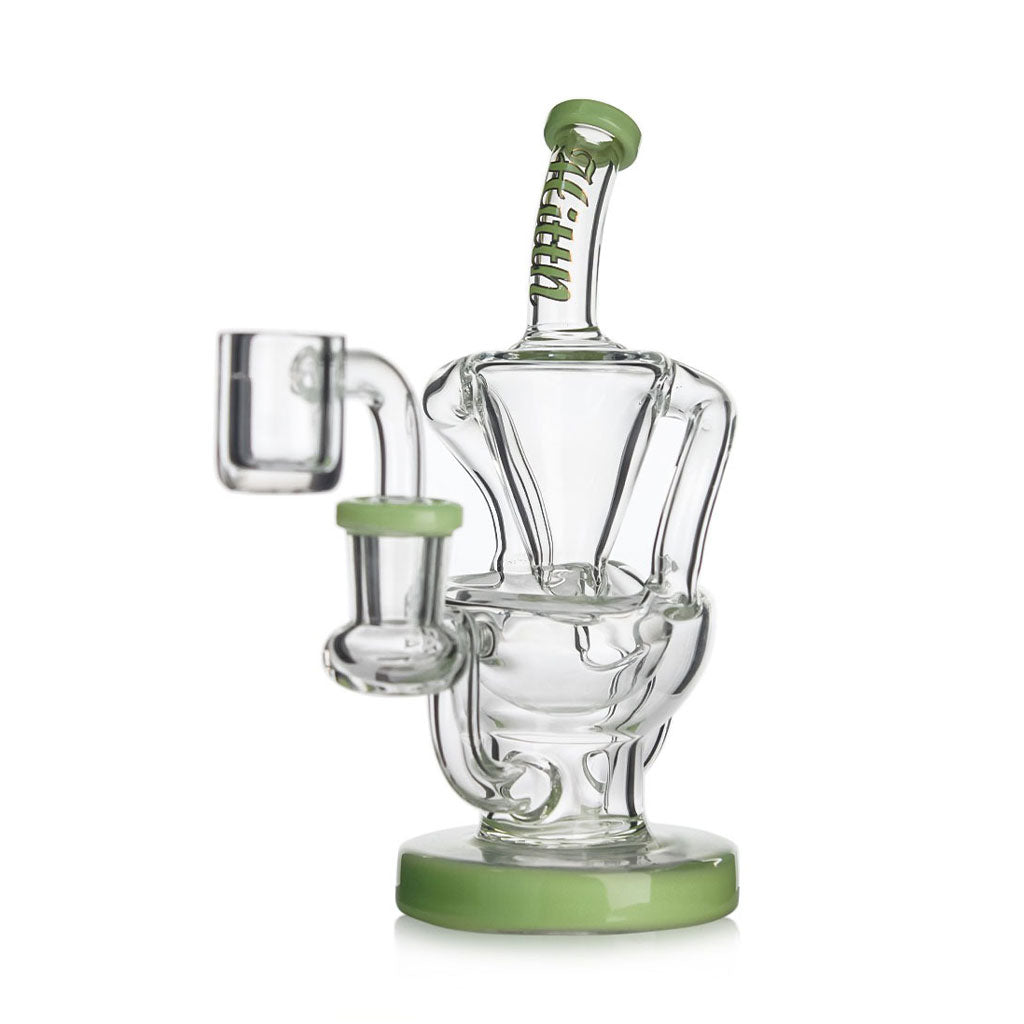 Hittn Glass Bent Neck Recycler Dab Rig, green accents—order today at Honeybee Herb