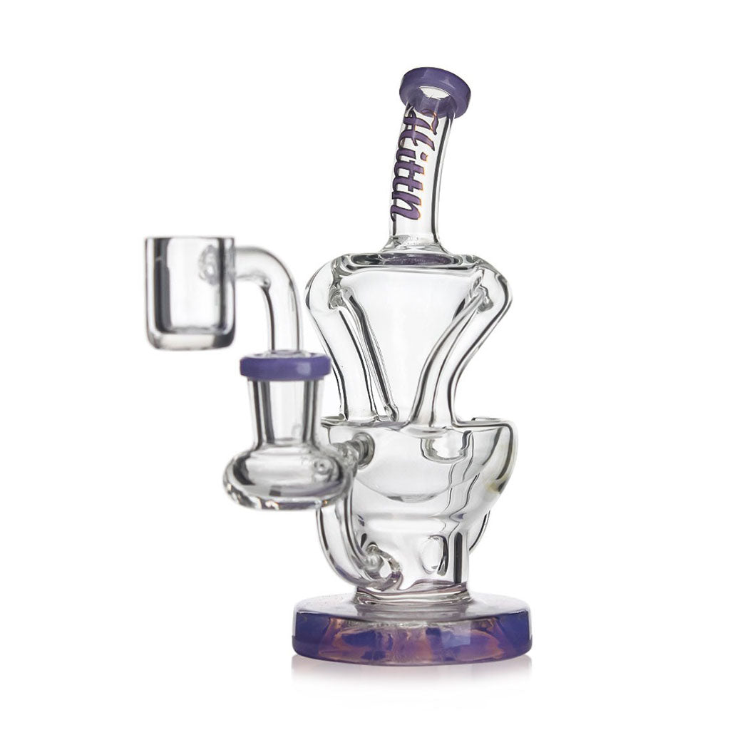 Close view of Hittn Glass Bent Neck Recycler Dab Rig, purple accents—order online.