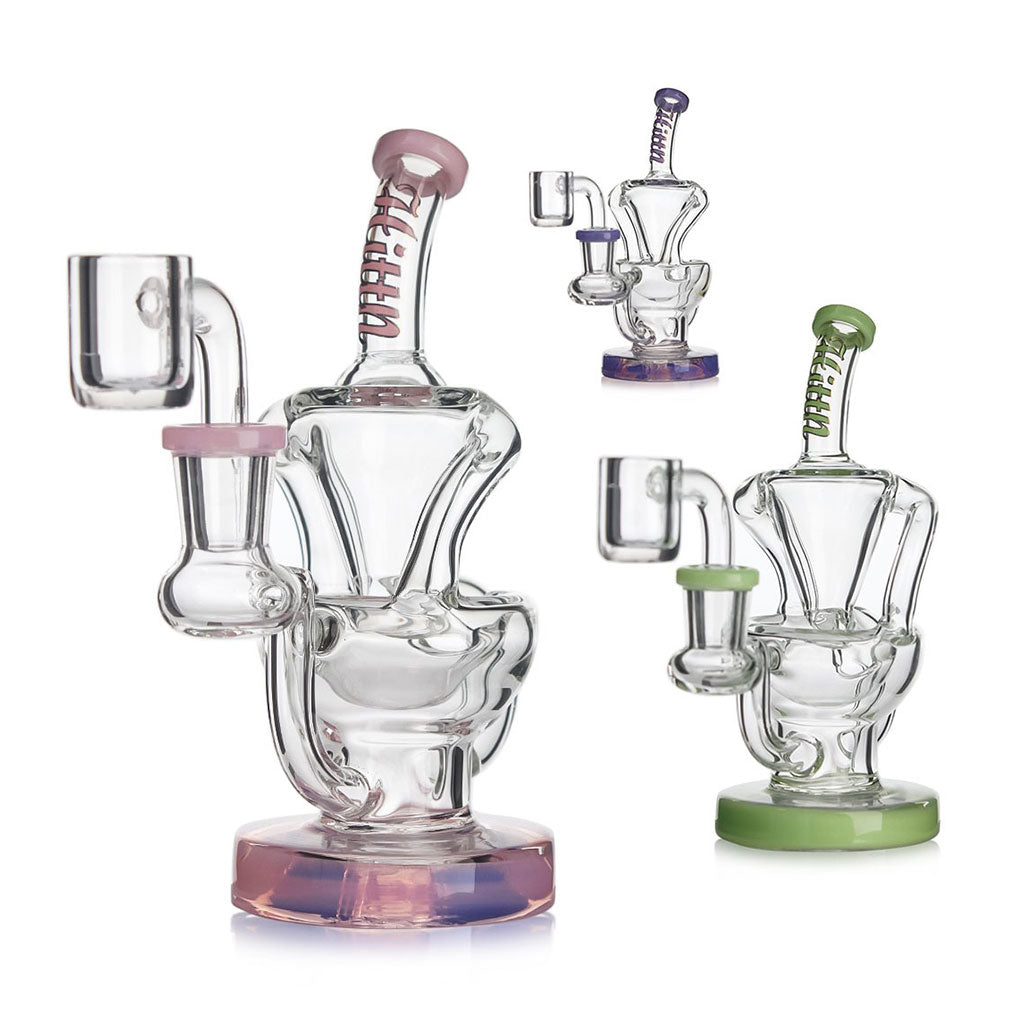 Hittn Glass Bent Neck Recycler Dab Rig in purple with other colors—shop Honeybee Herb.