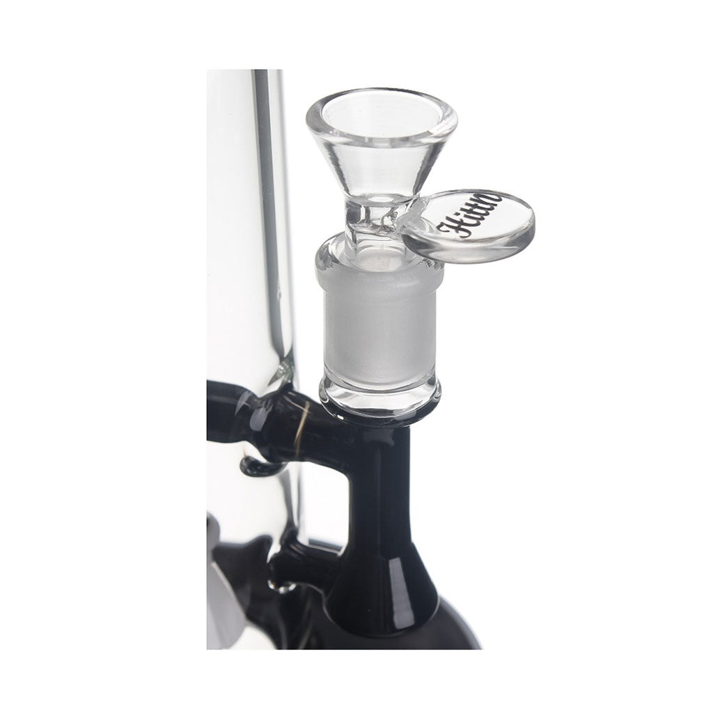 Close-up of black Hittn Honeycomb straight tube bong bowl/joint—buy now at Honeybee Herb. 
