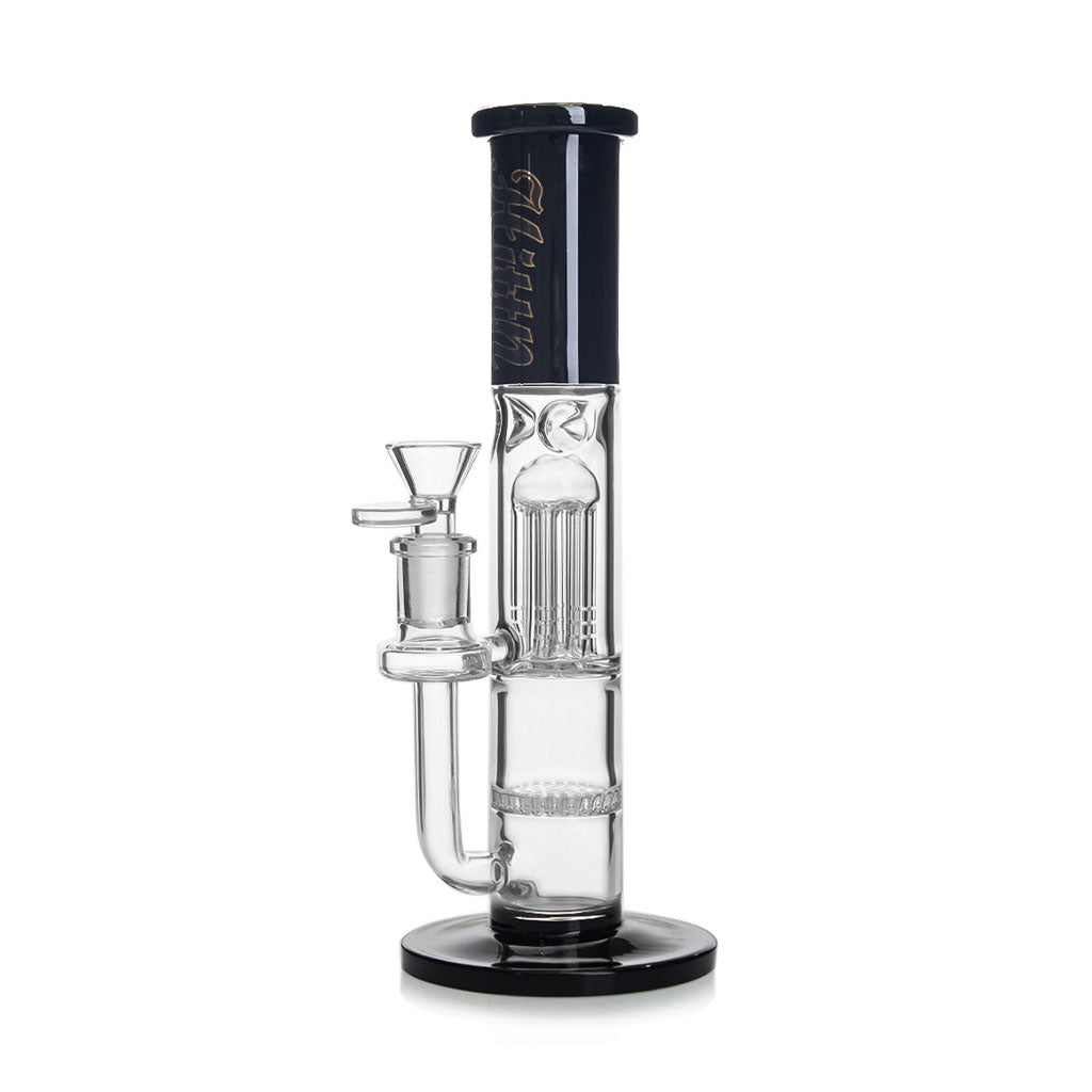 Hittn Honeycomb straight tube bong in black with 6-arm tree perc—available at Honeybee Herb. Order now.