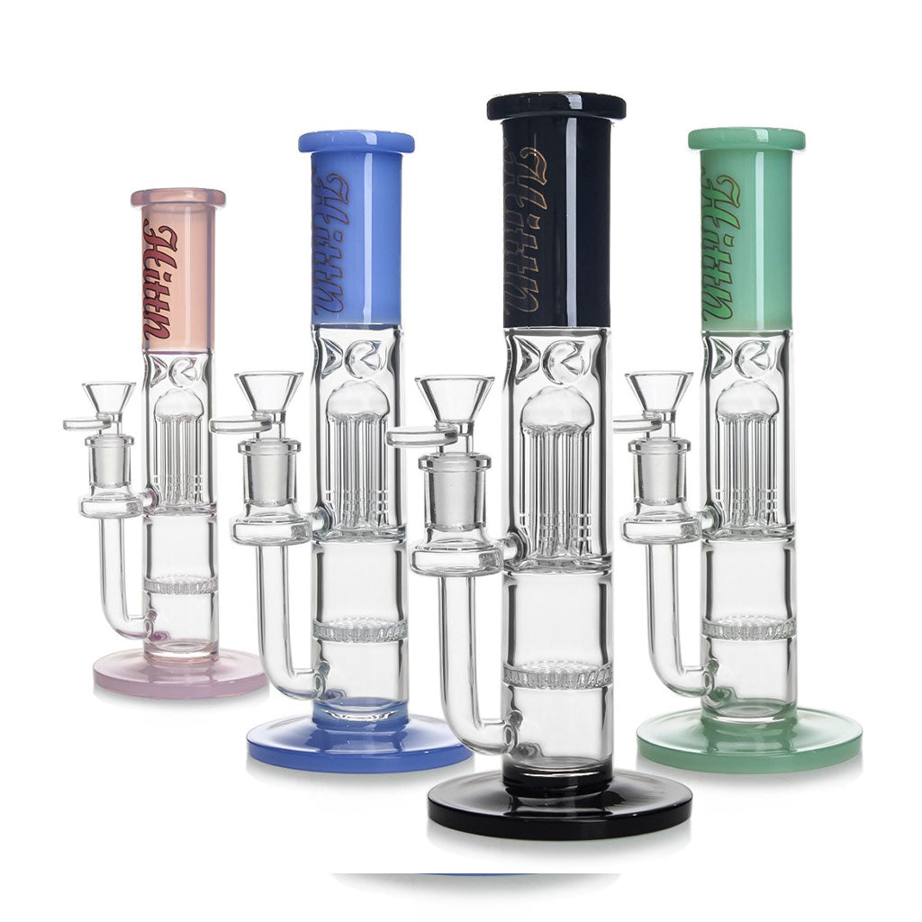 Base and honeycomb detail on blue Hittn straight tube bong—shop Honeybee Herb. 