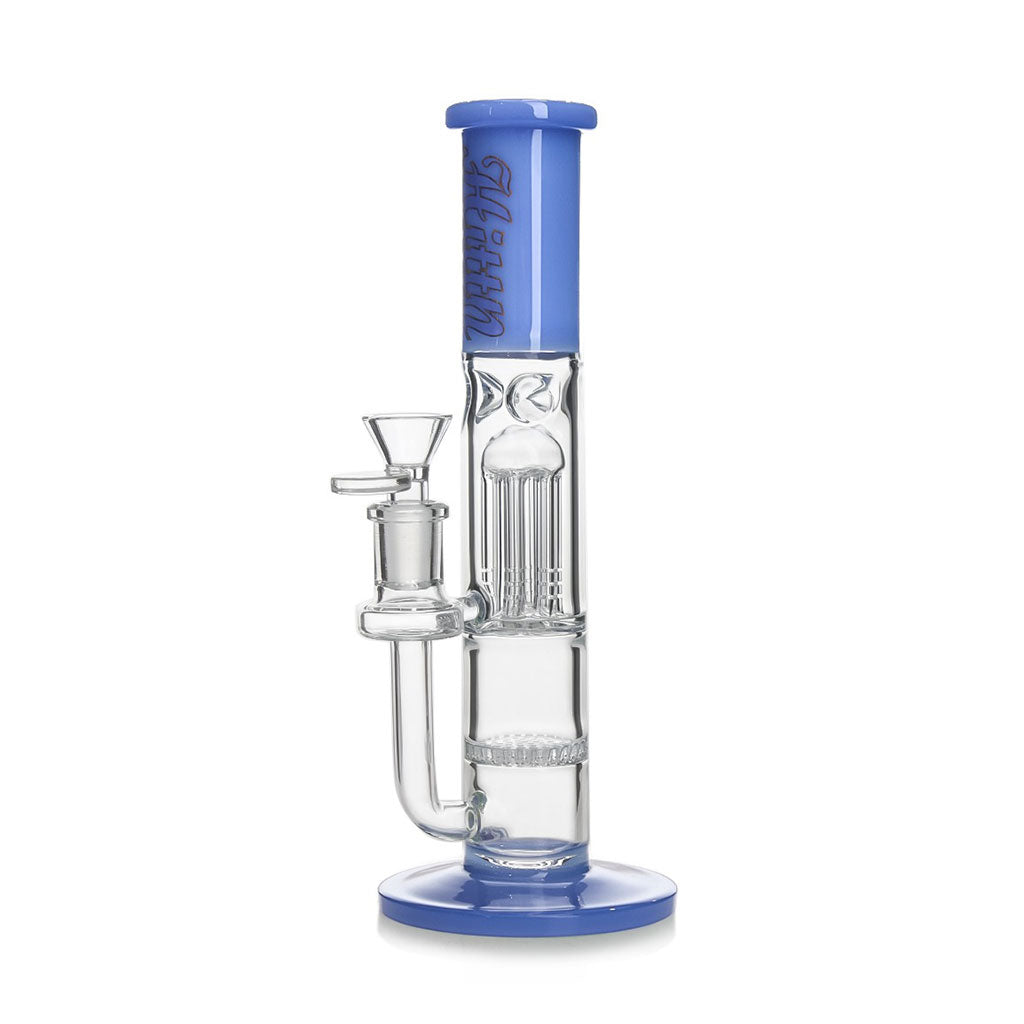 Close-up bowl and joint on blue Hittn Honeycomb straight tube bong—add to cart now.