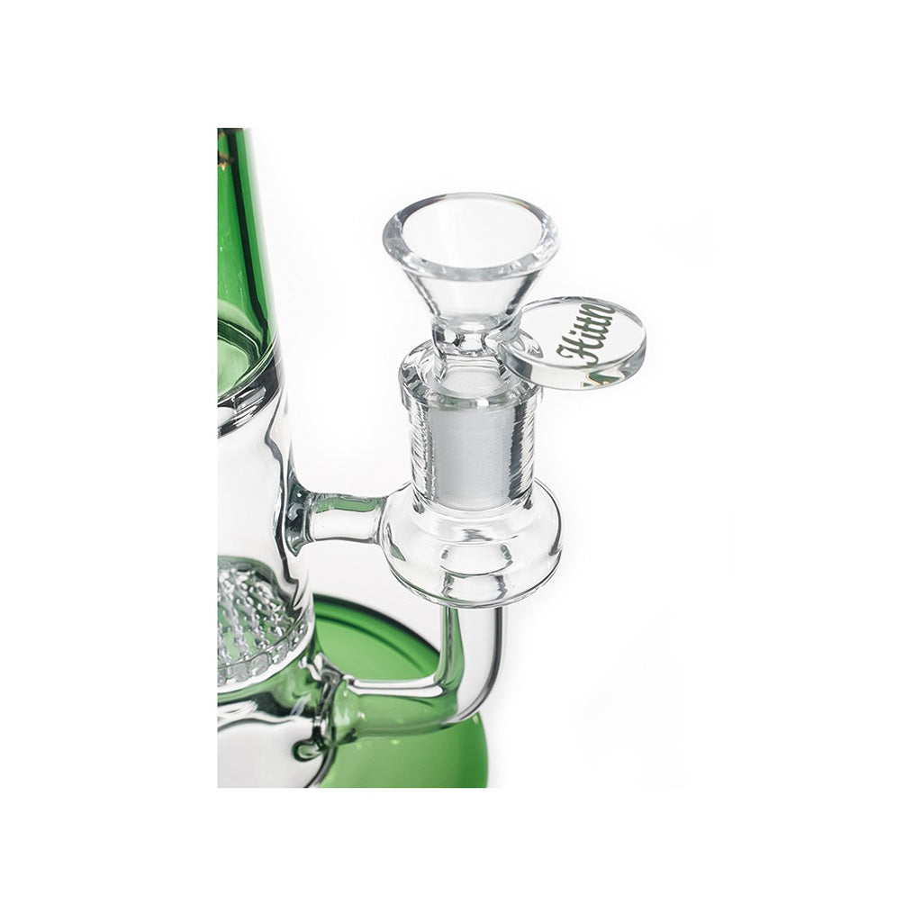 Close-up of bowl and joint on green Hittn Honeycomb straight tube bong—shop Honeybee Herb.