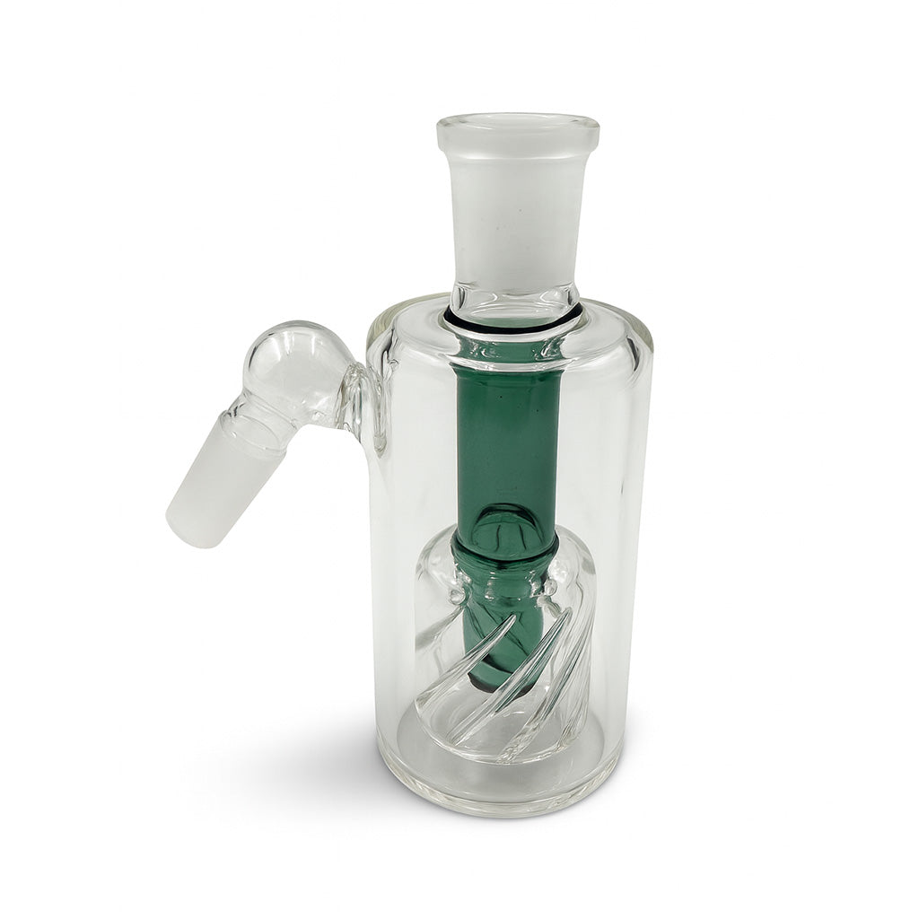 Front view of the Hittn Gridded Drum Perc Ash Catcher in lake green color, 45 Degree
