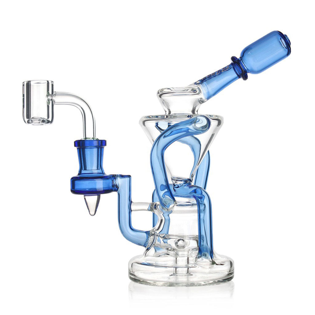 Blue Hittn double uptake recycler dab rig, angled view—order today for fast shipping.