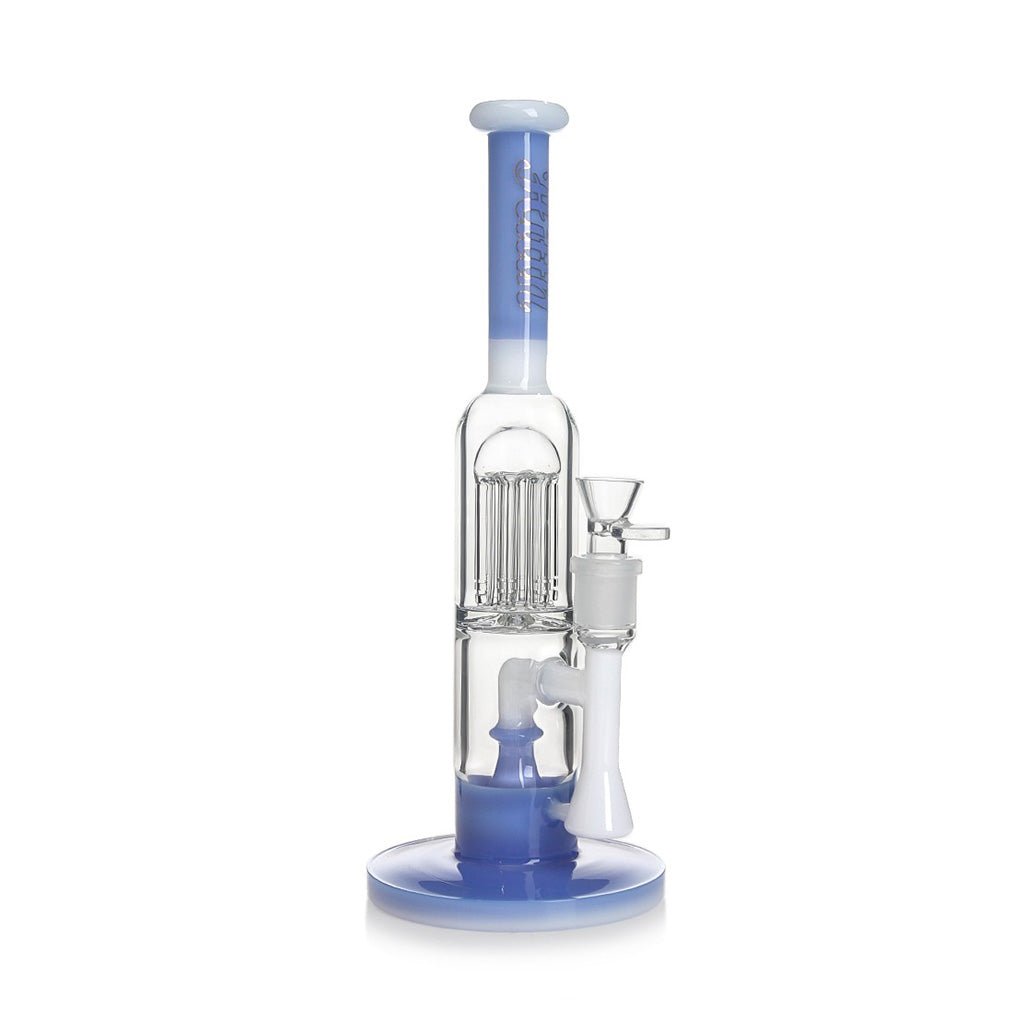 Shop the blue Hittn showerhead 6-arm tree perc straight tube bong; sturdy glass, in stock.