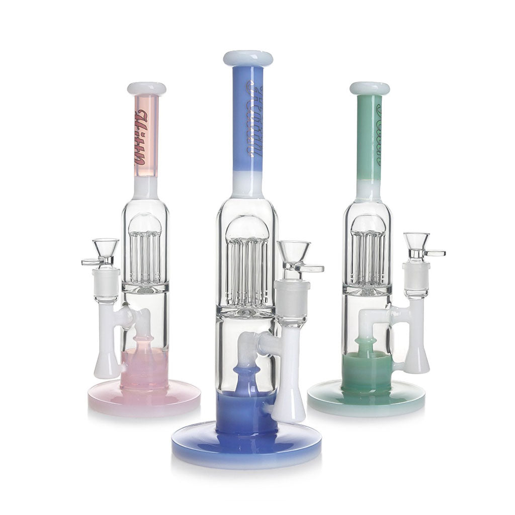 Shop Hittn showerhead 6-arm tree perc straight tube bong in green; group image shows color options, ready to add to cart. 