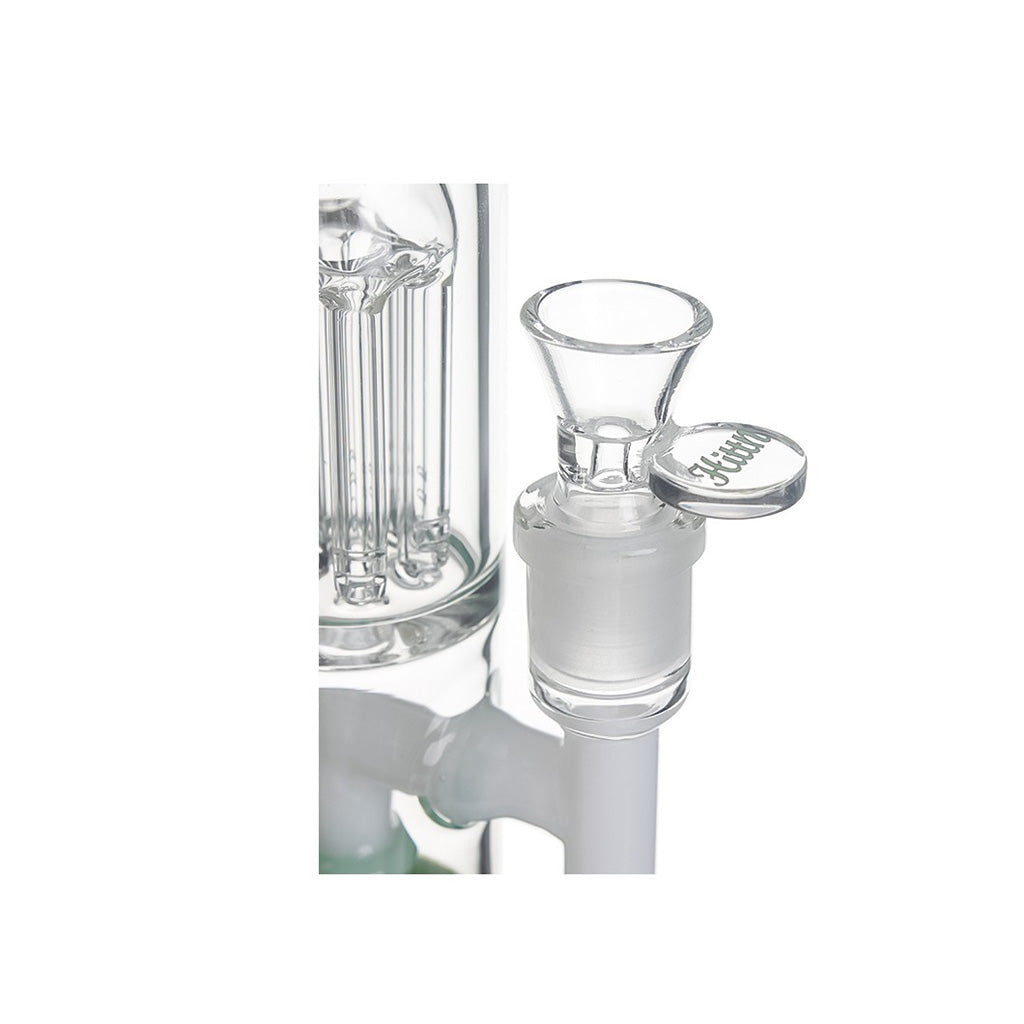 Hittn green straight tube bong joint and bowl detail with 6-arm tree perc; add to cart now.