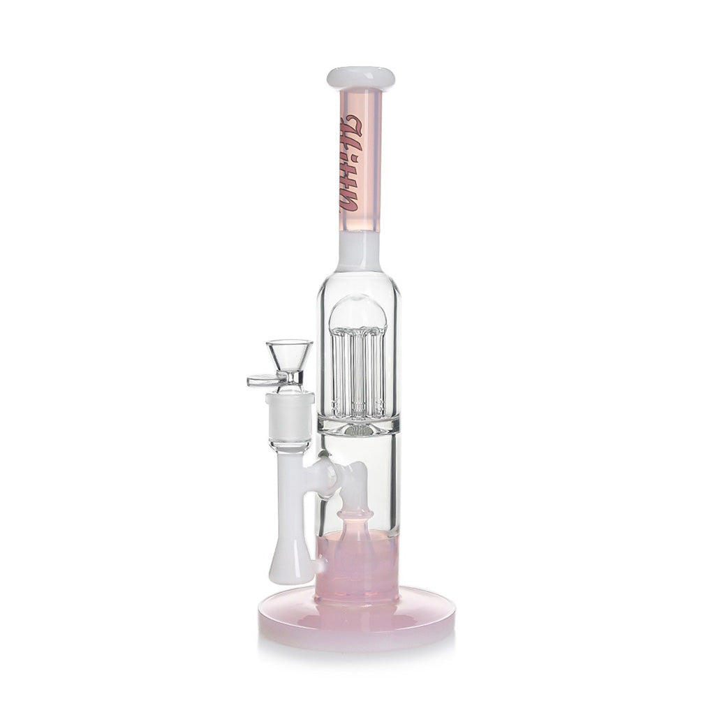 Buy the pink Hittn showerhead 6-arm tree perc straight tube bong; clean pulls and fast delivery.