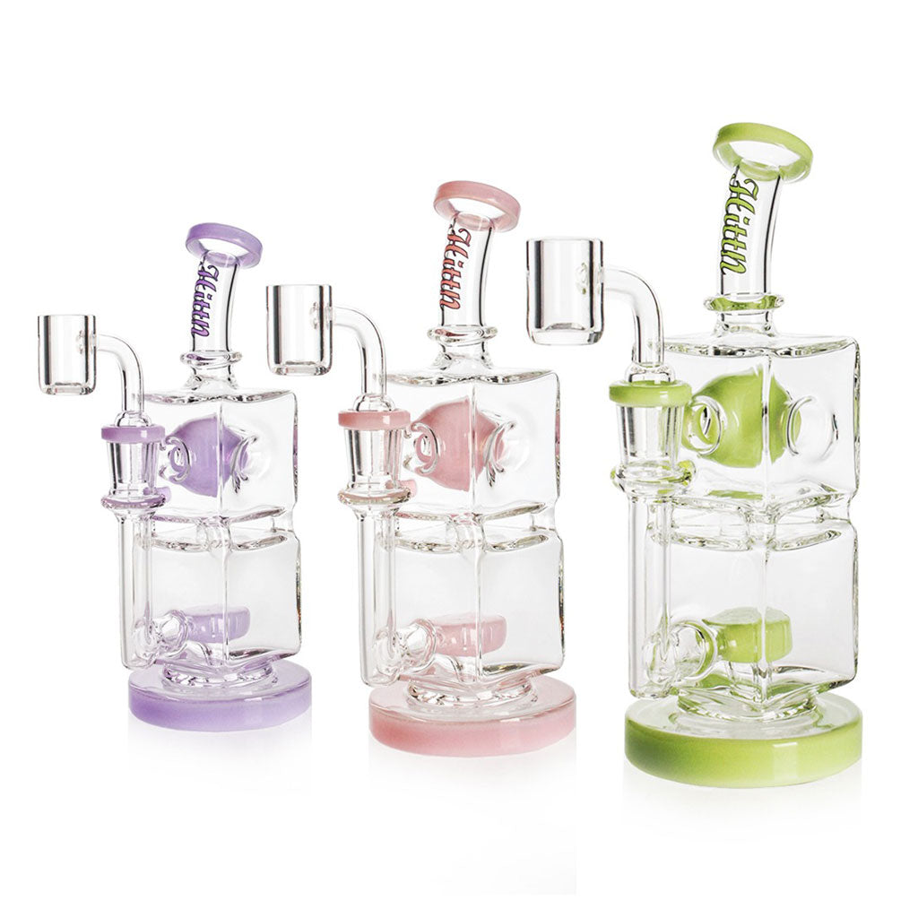 Green Hittn Showerhead Perc Dab Rig, double cube chamber, shown with pink and purple options—shop Honeybee Herb today.