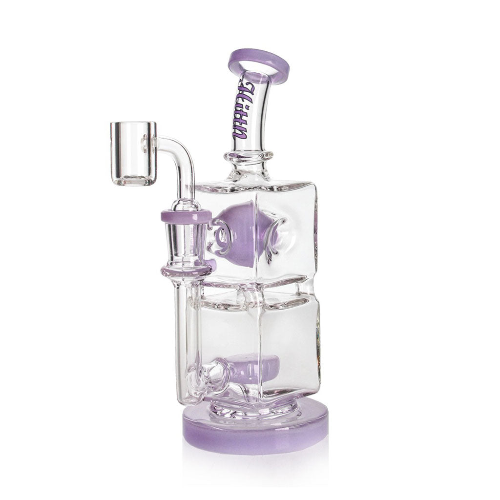Hittn Showerhead Perc Dab Rig in purple with double cube chamber—available at Honeybee Herb. Add to cart.