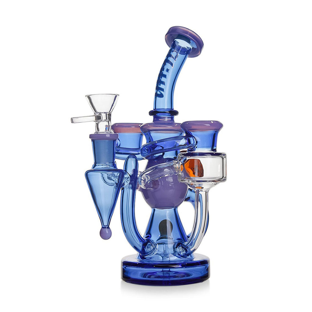 Blue Hittn Showerhead Perc High Recycling Oil Rig, front view—buy online at Honeybee Herb; premium recycler cooling and fast shipping. 