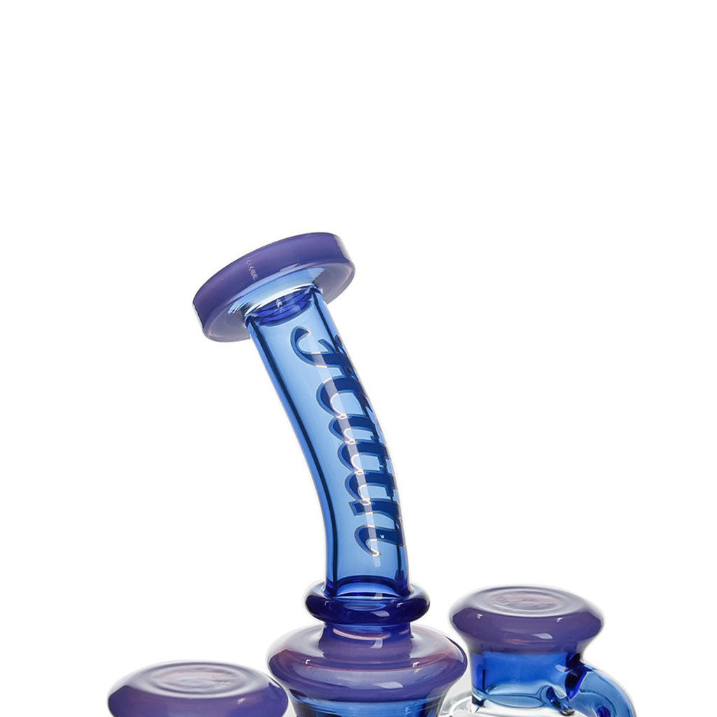 Bent neck and logo detail on the Blue Hittn Showerhead Perc High Recycling Oil Rig—add to cart for smooth diffusion; ships fast.