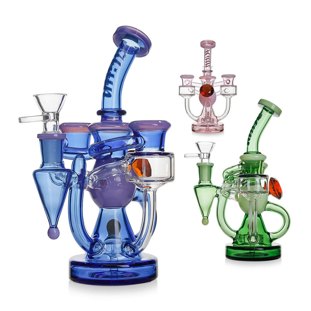 Hittn Showerhead Perc High Recycling Oil Rigs in blue, pink, and green—available now at Honeybee Herb with quick delivery. 