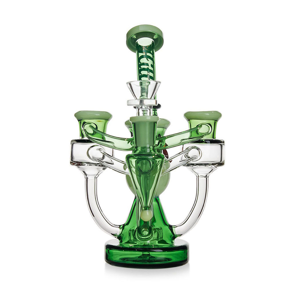 Green Hittn Showerhead Perc High Recycling Oil Rig, front view—buy online at Honeybee Herb; recycler cooling, thick glass, fast shipping.