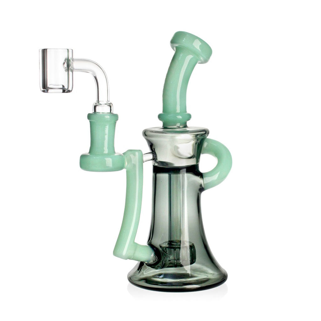 Side view of green Hittn Sidecar showerhead perc rig with banger—add to cart at Honeybee Herb.