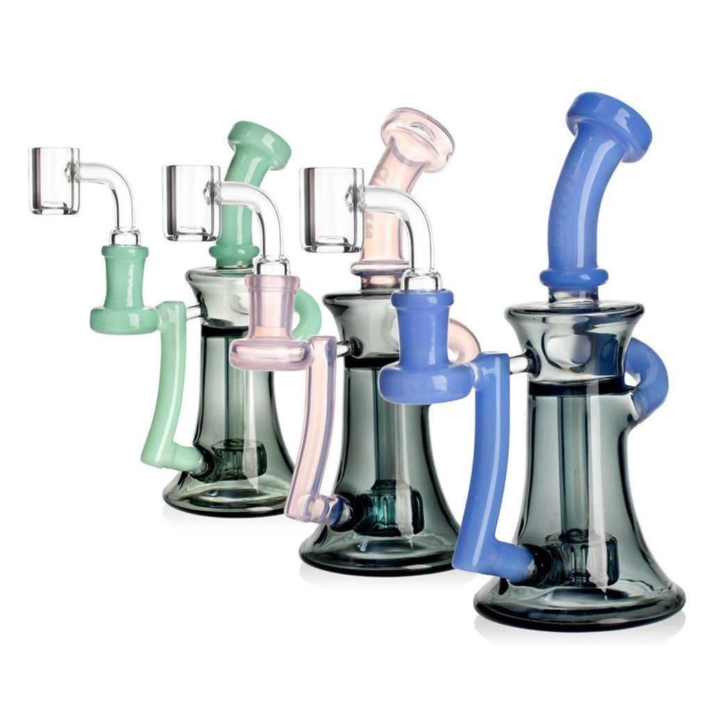 Hittn Sidecar Dab Rig with showerhead perc in pink and other colors—shop Honeybee Herb. 