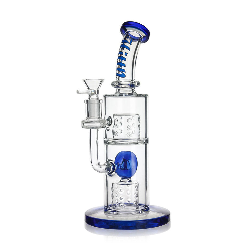 Blue Hittn Slitted Cylindrical Barrel Perc & Round Mill Chamber Bong, front view—buy online for smooth, cooled hits and quick delivery. 