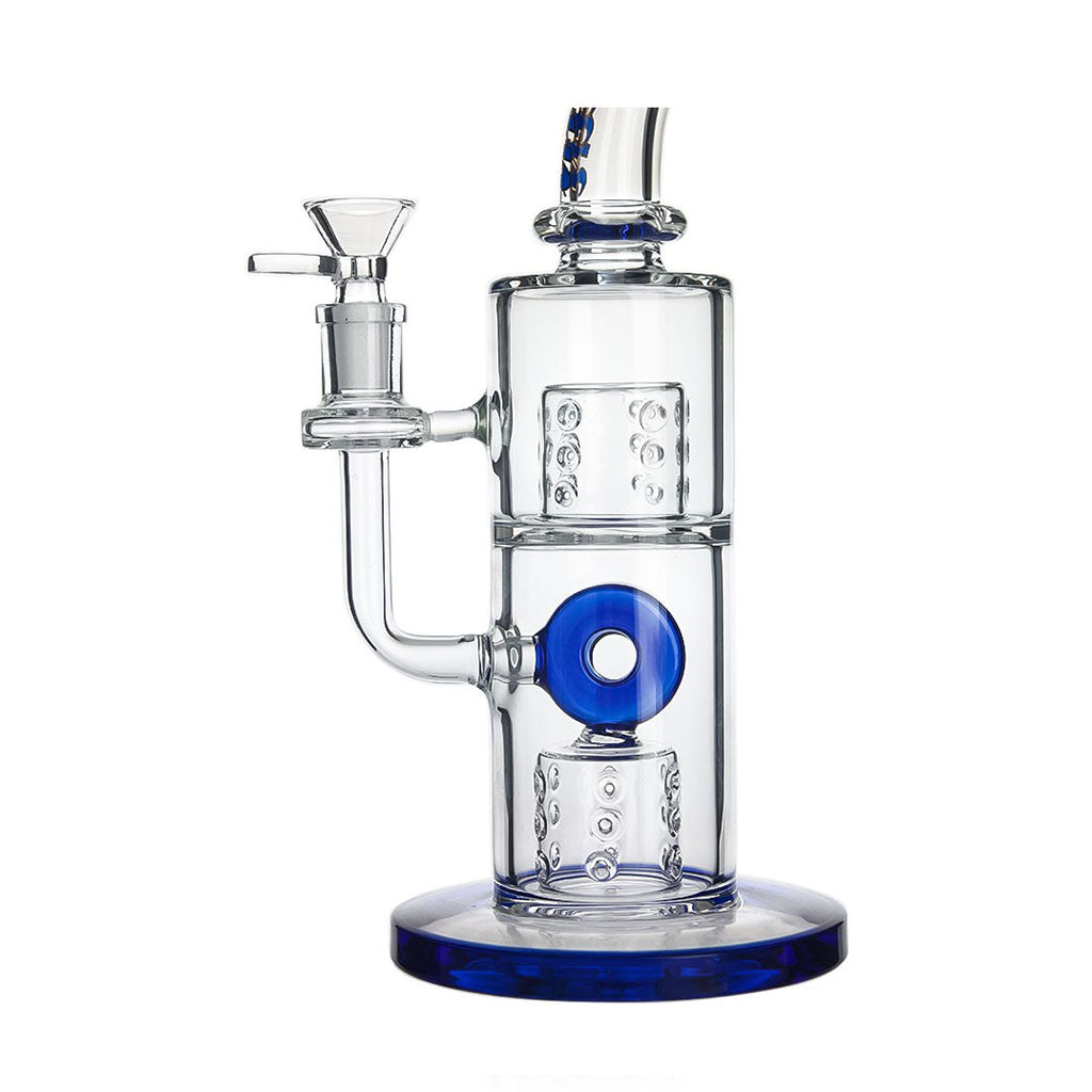 Side view of the Blue Hittn Slitted Barrel Perc Bong with round mill chamber—order now at Honeybee Herb; thick glass and efficient diffusion.