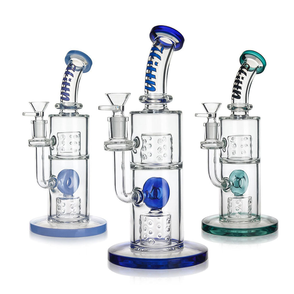 Hittn Slitted Barrel Perc & Round Mill Chamber Bongs in blue, light blue, and green—available now at Honeybee Herb with fast shipping.