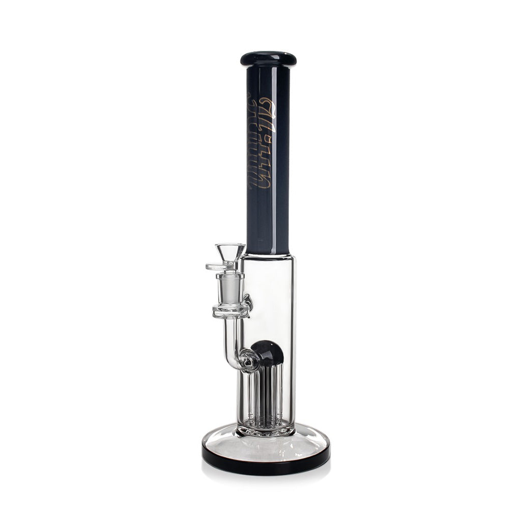 Black Hittn stemless 8-arm tree perc straight tube bong—angled product photo. Add to cart at Honeybee Herb.