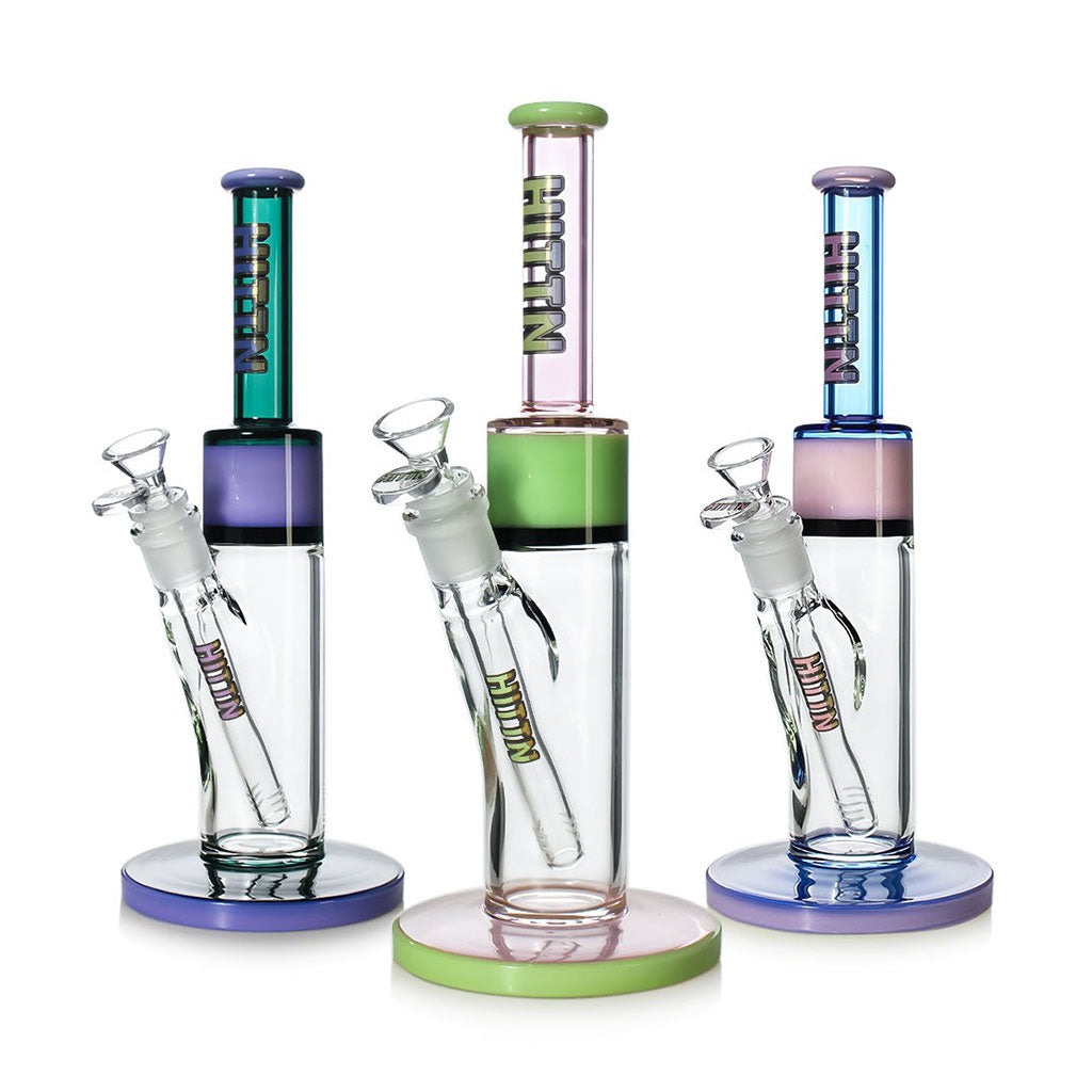 Pink Hittn Straight Tube Bong shown with purple and blue options—add to cart at Honeybee Herb. 