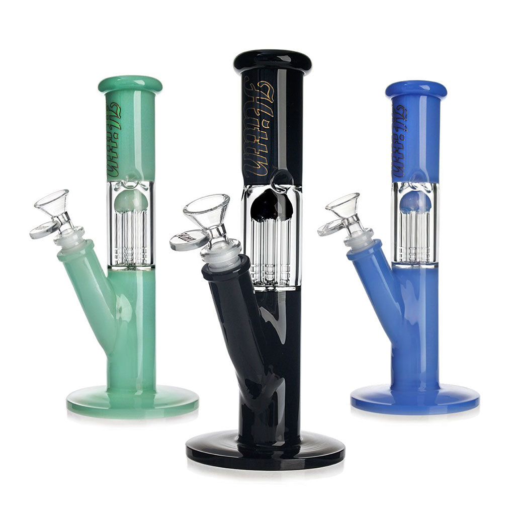 Blue Hittn Tree Perc Straight Tube Bong with splash guard, shown with black and green options—shop Honeybee Herb today.