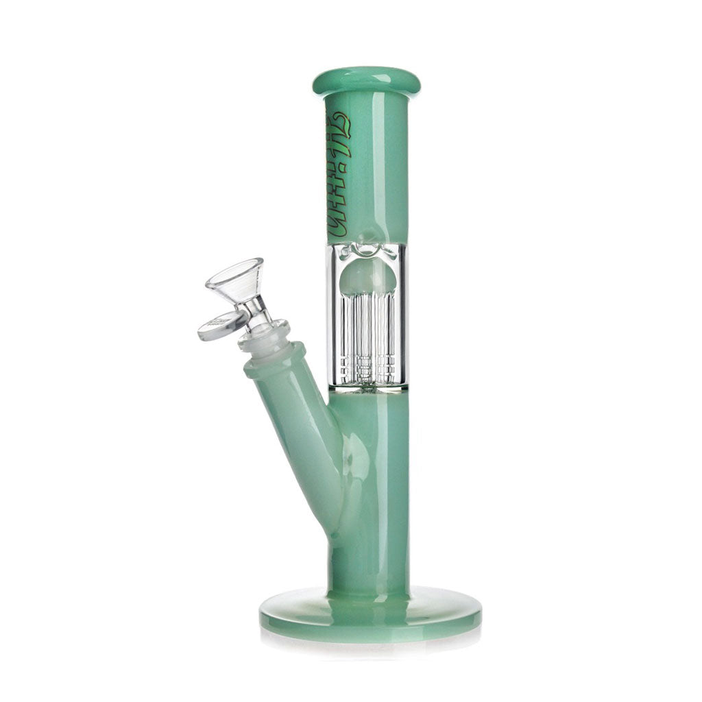 Hittn Tree Perc Straight Tube Bong in green with splash guard—available at Honeybee Herb. Add to cart.
