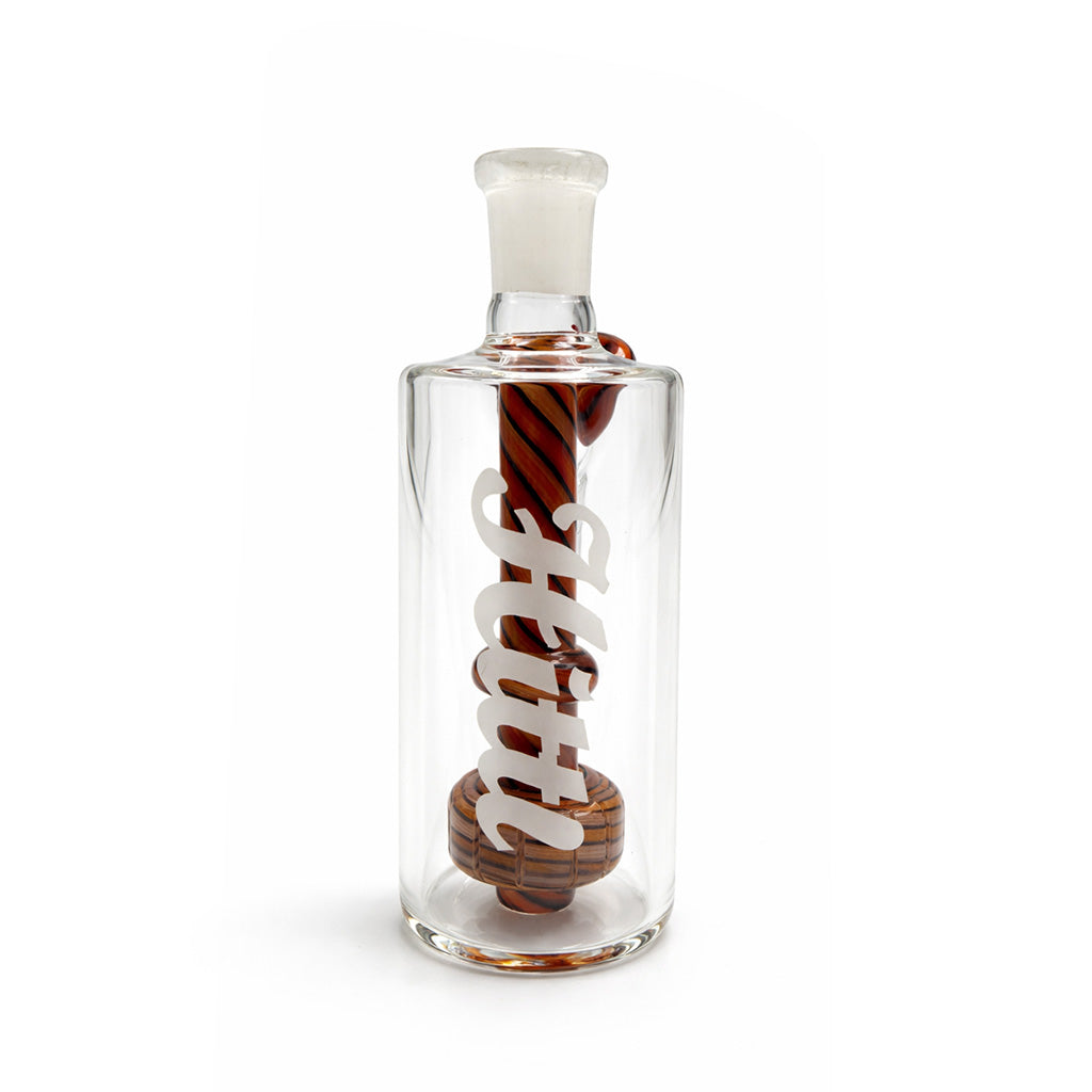 Front view of orange Hittn twist perc glass ash catcher for cleaner hits