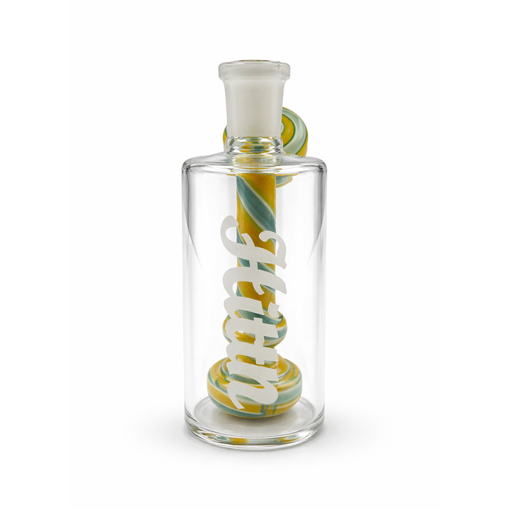 Yellow Hittn twist perc glass ash catcher with side joint bong attachment