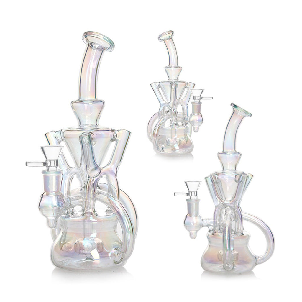 Buy Holographic Rainbow Showerhead Perc Recycler Rig – Full Front View of Premium Glass Rig 