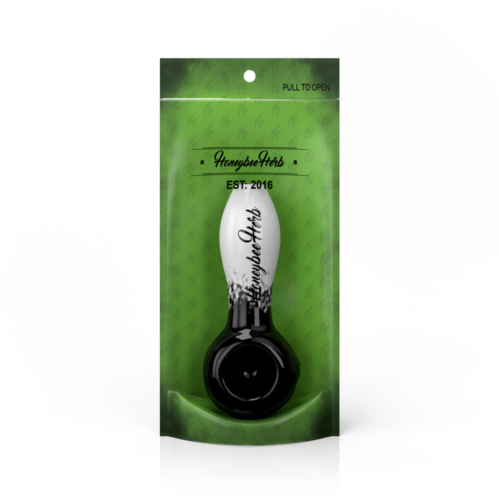 Honeybee Herb 4-Inch Black/White Two-Tone Frit Spoon Pipe Packaging