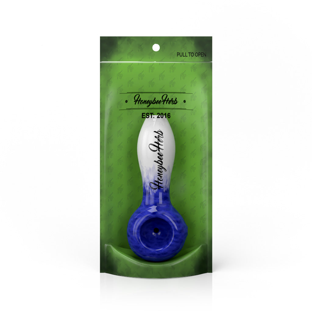 Honeybee Herb 4-Inch Blue/White Two-Tone Frit Spoon Pipe Packaging
