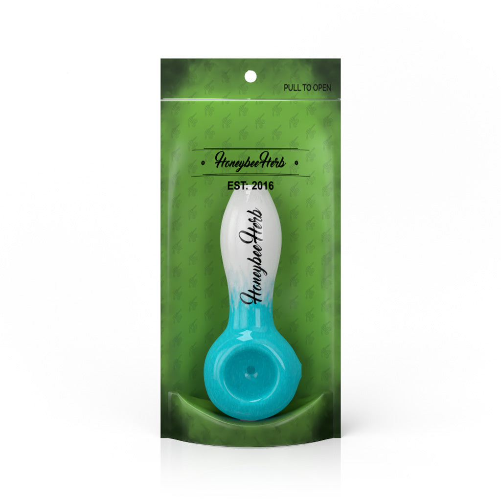 Honeybee Herb 4-Inch Green/White Two-Tone Frit Spoon Pipe Packaging