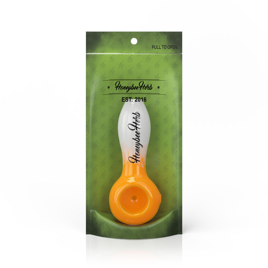 Honeybee Herb 4-Inch Orange/White Two-Tone Frit Spoon Pipe Packaging