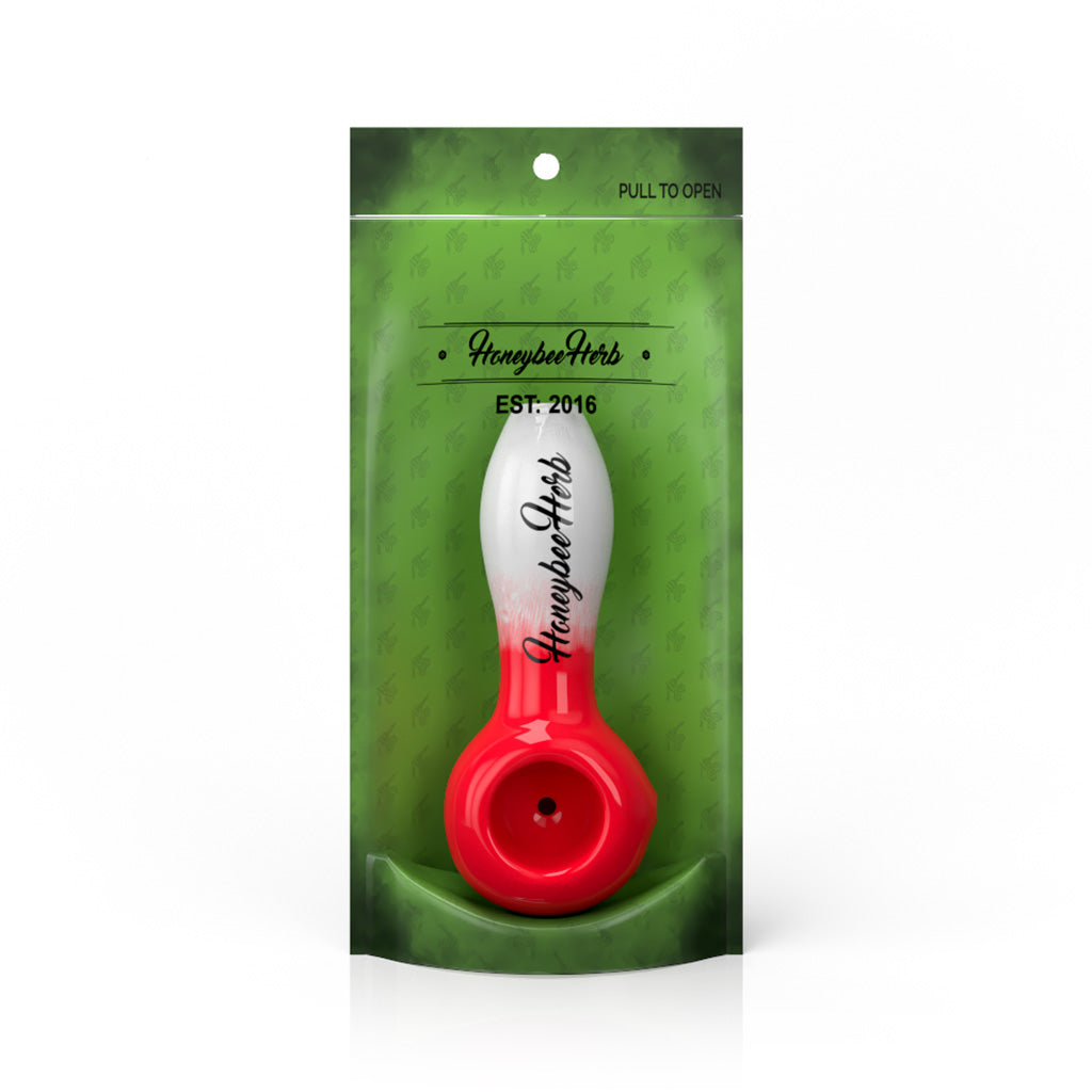 Honeybee Herb 4-Inch Red/White Two-Tone Frit Spoon Pipe Packaging
